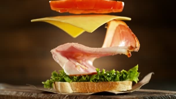 Супер Замедленная Съемка Сэндвичей Камера Движении Снято Камеру Высокоскоростного Кино — стоковое видео