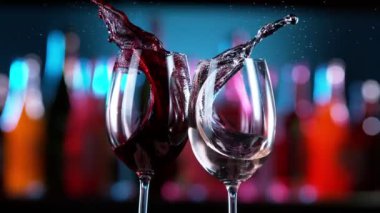 Kırmızı ve Beyaz Şarap Kadehlerinin Süper Yavaş Hareketi, Tezahürat Jesti, Arkaplanda Bar. Hız Rampası Etkisi. Yüksek Hız Sinema Kamerası, 1000 fp..