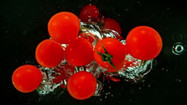Super Slow Motion Falling Cherry Tomatoes Spruzzare Nell Acqua Sfondo — Video Stock