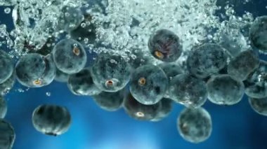 Mavi Arkaplanda Düşen Yabanmersinlerinin Suya Düşmesi Süper Yavaş Hareketi. High Speed Cinema Camera 'da çekildi, 1000 fps. Hız Rampası Efekti.