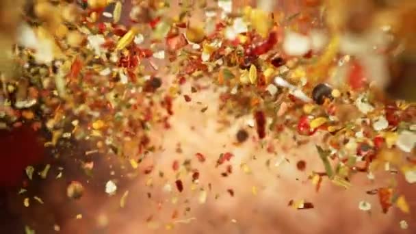 Super Slow Motion Falling Rotating Spices Mix Filmed High Speed — Stock Video