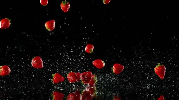 黒い背景に水にイチゴを落とすスーパースローモーション 高速シネマカメラで撮影 1000 Fps 動画クリップ