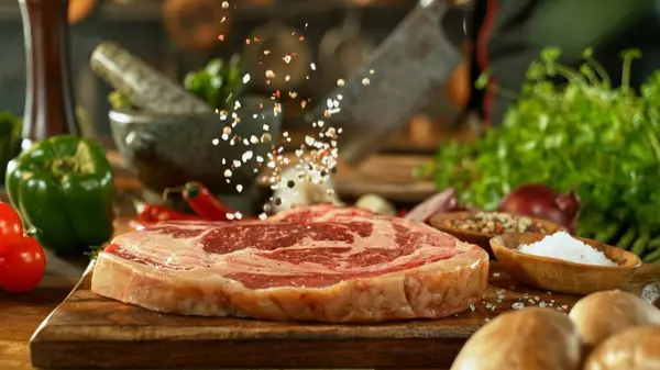 生牛肉牛排与谷物盐掉落 带有蔬菜和薯条背景的美味肉类 — 图库照片