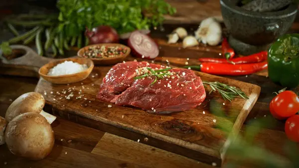 Surowy Stek Wołowy Podawany Desce Cięcia Drewna Pyszne Mięso Warzywami — Zdjęcie stockowe