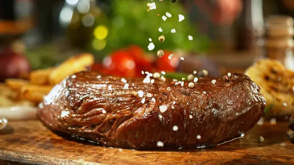 Beef Steak Grain Salt Falling Delicious Meat Vegetable Fries Background Royalty Free Stock Images