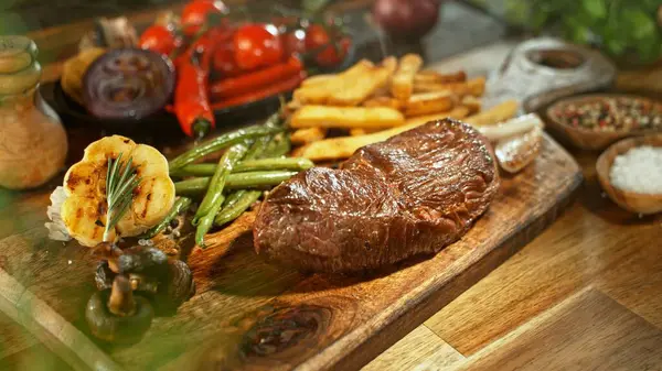 牛肉牛排 准备好吃 放在木制桌子上 带有蔬菜和薯条背景的美味肉类 图库图片
