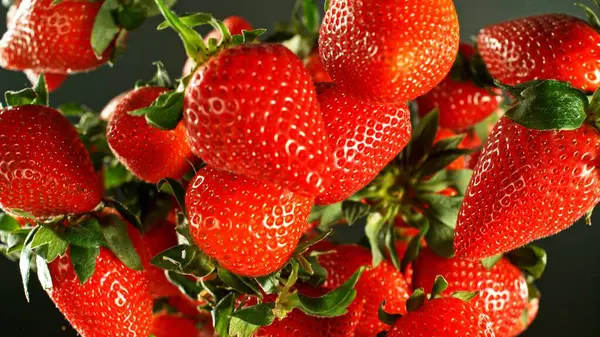 Fallen Reife Erdbeeren Isoliert Auf Schwarzem Hintergrund Ganz Frisches Obst Stockbild