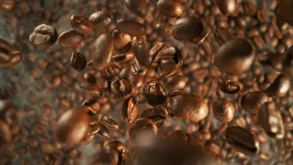 Freeze Motion Flying Coffee Beans Pile Overhead Shot Stock Image