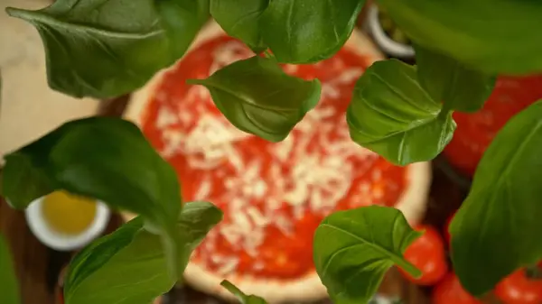 Deilig Pizza Med Flygende Ingredienser Ovenfra Frysebevegelse Flygende Basilikum Blader royaltyfrie gratis stockbilder