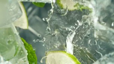 Süper Yavaş Macro Shot Mojito İçeceği. Bir bardağın içinden eşsiz bir bakış açısı. Yüksek Hız Sinema Kamerası, 1000 fp..
