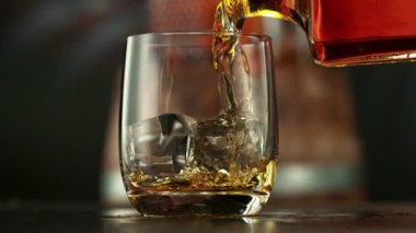 Viskiyi bardağa doldurmanın süper yavaş hareketi. High Speed Cinema Camera 'da çekildi, 1000 fps. Kamera Hareket Kontrol 'e yerleştirildi. Arkaplanda Çubuk, Odaklanma Derinliği Düşük.