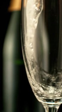 Kara Arkaplan 'a Şampanyalı Şampanyaların Süper Yavaş Hareketi. Yüksek Hız Sineması Kamerası 'nda çekildi, 1000fps. Dikey Görünüm Oranı.