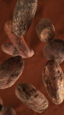 Düşen Kakao Fasulyelerinin Süper Yavaş Hareketi. Kakao tozuna düşüyorum. Yüksek Hız Sinema Kamerası, 1000fps.