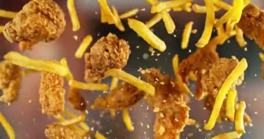 Flying Fried Chicken Wings ve patates kızartmalarının Süper Yavaş Hareketi. Arka plandaki Görüntü Özeti. Yüksek Hız Sineması Kamerası 'nda çekildi, 1000fps. Kamera hareket halinde. Hız Rampası Efekti.