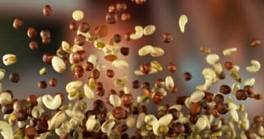 Flying Nuts Mix 'in Süper Yavaş Hareketi. Arka plandaki Görüntü Özeti. Yüksek Hız Sinema Kamerası, 1000fps.