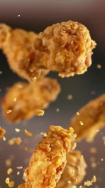 Uçan Kızarmış Tavuk Kanatları ve Parçalarının Süper Yavaş Hareketi. Arka plandaki Görüntü Özeti. Yüksek Hız Sineması Kamerası 'nda çekildi, 1000fps. Kamera hareket halinde. Dikey Görünüm Oranı.