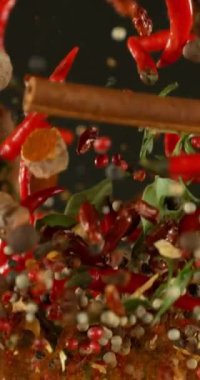 Süper Yavaş Uçan ve Dönen Baharatlar Karışımı. High Speed Cinema Camera 'da çekildi, 1000 fps. Dikey Görünüm Oranı.