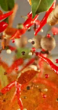 Süper Yavaş Uçan ve Dönen Baharatlar Karışımı. High Speed Cinema Camera 'da çekildi, 1000 fps. Dikey Görünüm Oranı.