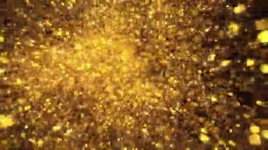 Siyah Arkaplan 'da izole edilmiş Süper Yavaş Parlayan Altın Parçacıklar Hareketi. Odaklanmanın Sığ Derinliği. Yüksek Hız Sinema Kamerası, 1000 fp..