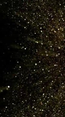 Siyah Arkaplan 'da izole edilmiş Süper Yavaş Parlayan Altın Parçacıklar Hareketi. Odaklanmanın Sığ Derinliği. High Speed Cinema Camera 'da çekildi, 1000 fps. Dikey Görünüm Oranı.