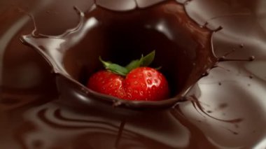 Erimiş çikolataya Düşen Çileğin Süper Yavaş Hareketi. Yüksek Hız Sineması Kamerası 'nda çekildi, 1000fps. Hız Rampası Efekti.