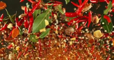 Süper Yavaş Uçan ve Dönen Baharatlar Karışımı. Yüksek Hız Sinema Kamerası, 1000 fp..