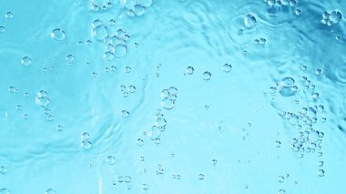 Şeffaf mavi renkli, durgun su yüzeyi dokusu sıçrama ve kabarcıklarla dolu. Moda soyut doğa arkaplanı.
