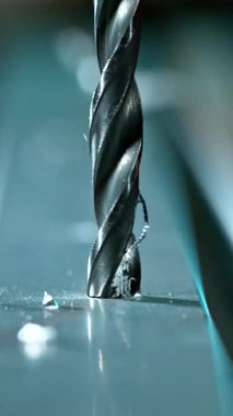 Alüminyum boruyu delen matkap ucu çok yavaş hareket ediyor. Yüksek hızlı sinema kamerası, 1000 fps. Dikey görünüm oranı.