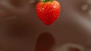 Erimiş çikolataya Düşen Çileğin Süper Yavaş Hareketi. Yüksek Hız Sinema Kamerası, 1000fps.