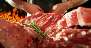 Şefin Çiğ Et Üzerine Tuz ve Baharat Fırlatma Hareketi. High Speed Cinema Camera 'da çekilmiştir. Et Hazırlama Konsepti. Kamera Hareket Kontrol Sistemi 'ne Yerleştirildi.