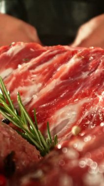 Şefin Çiğ Et Üzerine Tuz ve Baharat Fırlatma Hareketi. High Speed Cinema Camera 'da çekilmiştir. Et Hazırlama Konsepti. Kamera Hareket Kontrol Sistemi 'ne yerleştirildi. Dikey Görünüm Oranı.