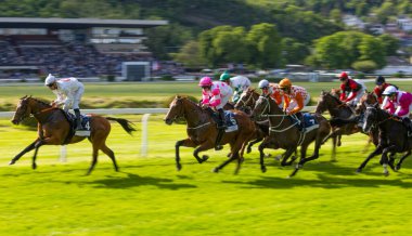 Bir grup jokey yarışı kazanmak için yarışıyor. At yarışı. Jokeyli atlar bitiş çizgisine doğru koşuyor. Hareket bulanıklığı etkisi.