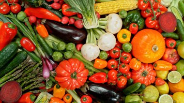 Çeşitli Taze Meyve ve Sebze çeşitleri. Yüksek Açı Görünümü. Yiyecek Arkaplanı.