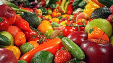 Çeşitli Taze Meyve ve Sebze çeşitleri. Yiyecek Arkaplanı.