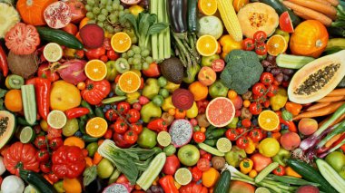 Çeşitli Taze Meyve ve Sebze çeşitleri. Yüksek Açı Görünümü. Yiyecek Arkaplanı.