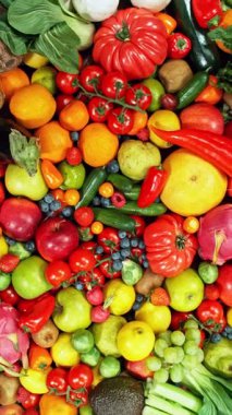 Çeşitli Taze Meyveler ve Sebzeler. Kamera Hareket Kontrol Sistemi 'ne yerleştirildi. High Speed Cinema Camera 'da çekilmiştir. Kamera hareket halinde. Dikey Görünüm Oranı.