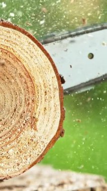 Tahta kütüğü kesen elektrikli testerenin süper yavaş çekimi. Yüksek hızlı sinema kamerası, 1000 fps. Dikey görünüm oranı.