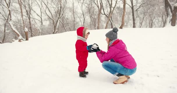 冬の雪の中で楽しんでいる母と幼い幼児の息子 冬休み 楽しい休暇 スリーライディングコンセプト — ストック動画