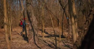 Dağ ormanlarında ağaçların arasında yürüyüş direkleri olan gezgin bir kız. Ormandaki İspanyol ergen.