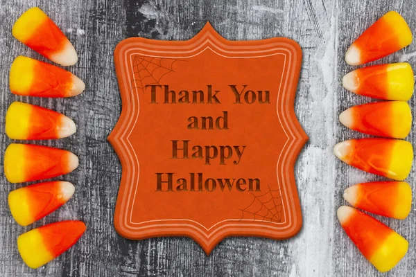 Дякую Щасливий Хеллоуїн Знак Цукерками Кукурудзи Тушкованої Деревини — стокове фото