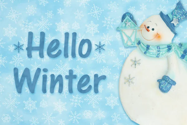 Hallo Winter Bericht Met Een Sneeuwpop Sneeuwvlokken Blauw — Stockfoto