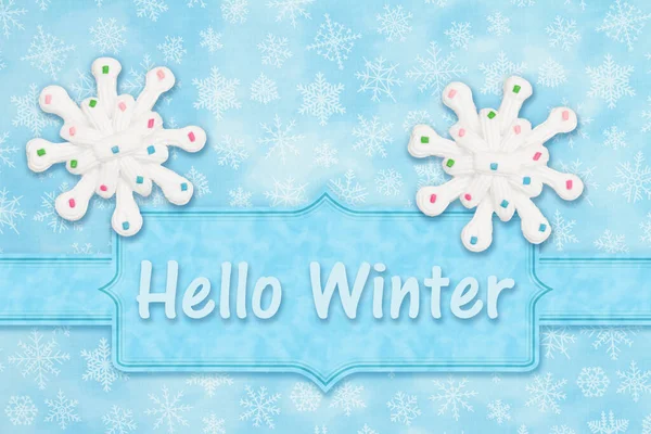 Hallo Winter Bericht Met Een Sneeuwvlok Sneeuwvlokken Blauw — Stockfoto