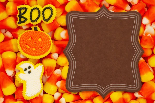 Segno Halloween Con Mais Caramelle Fantasma Zucca Boo Tuo Messaggio — Foto Stock