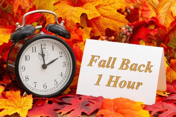 目覚まし時計とフォールバック1時間カードと秋の葉 — ストック写真