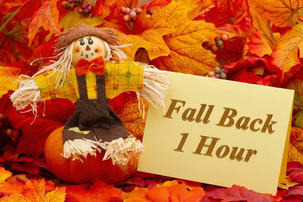 Fall Back Hour Card Scarecrow Fall Leaves — Stock Photo, Image