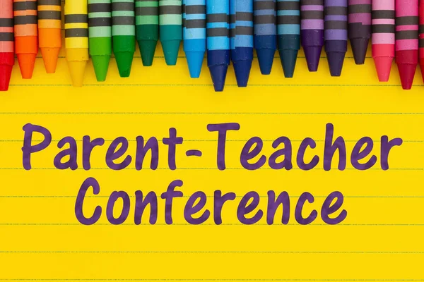 Parent Teacher Conference Message Crayons Bright Yellow Lined Paper — Stock Photo, Image