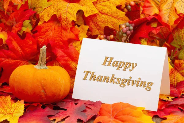 Happy Thanksgiving Grußkarte Mit Herbstblättern Und Einem Kürbis — Stockfoto