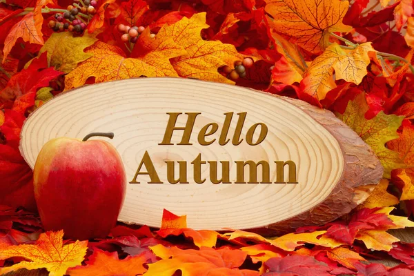 こんにちは秋のメッセージ木のリンゴと秋の葉のサイン — ストック写真