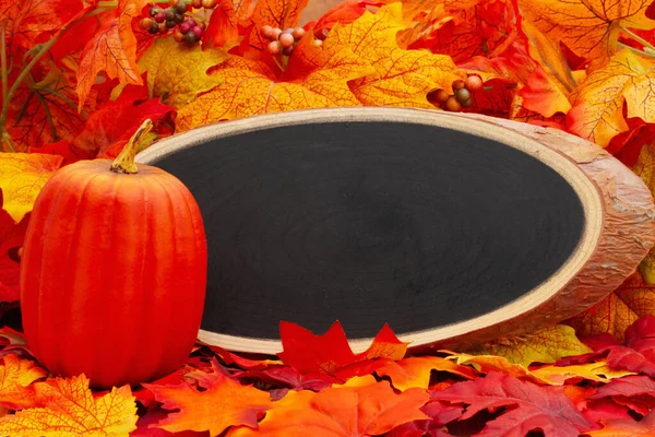 Prázdný Dřevěný Nápis Dýní Podzimní Listí Pro Podzimní Časovou Zprávu — Stock fotografie