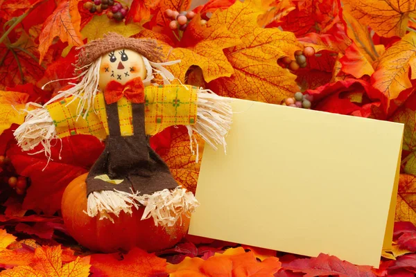 Cartão Saudação Branco Com Folhas Outono Espantalho Para Sua Mensagem — Fotografia de Stock